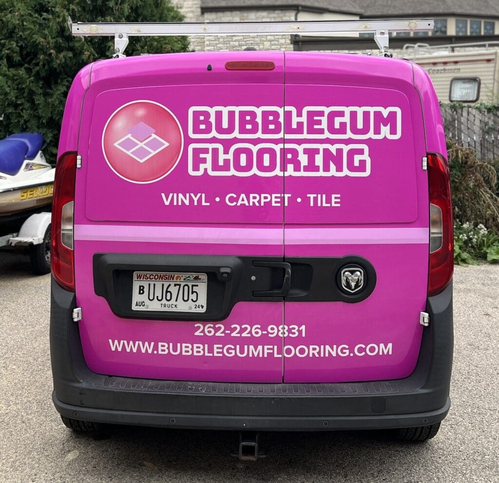 back view of Bubblegum Flooring van