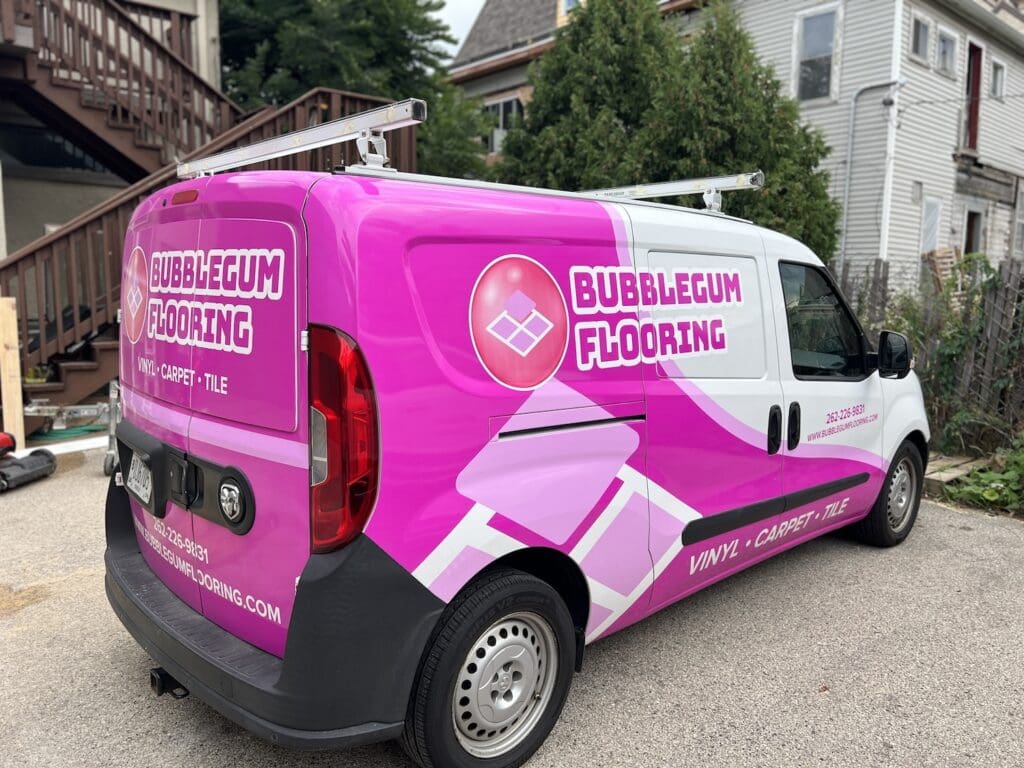 side view of bubble gum flooring van from the right