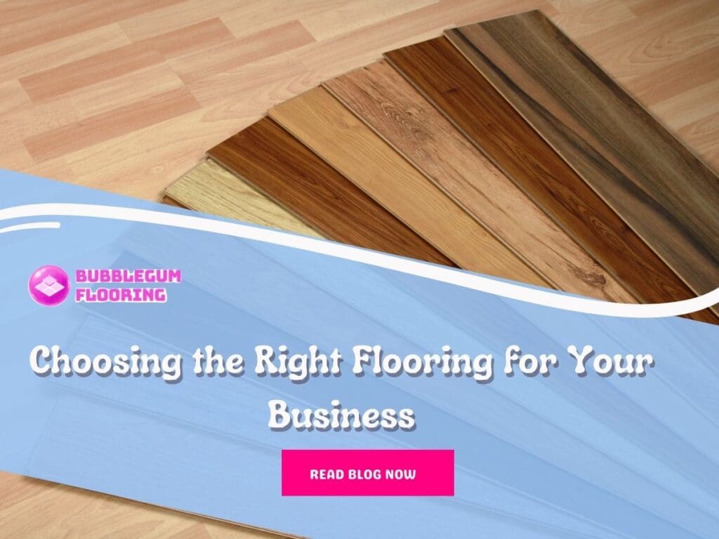 Front image of a blog titled "Choosing the right flooring for your business" with different roofing types as the background and the title displayed in elegant typography