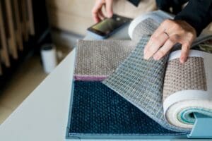 woman choosing fabrics swatches for sofa in store